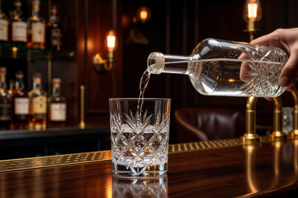 Close-up of artisan gin being poured into a crystal glass at a luxury bar with warm ambient lighting
