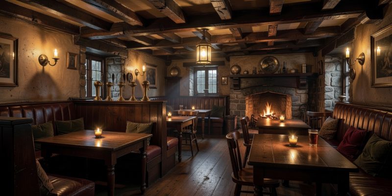 Cozy interior of a traditional Irish pub with wooden beams, warm brass fixtures, and soft candlelight