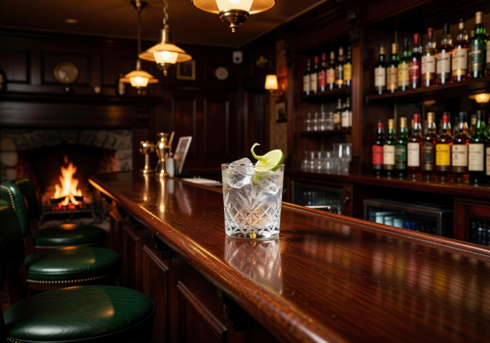 Elegant Irish pub interior with warm lighting, polished bar counter, and a glass of gin garnished with lime