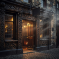 Ornate Irish pub entrance with warm golden light spilling through the doorway