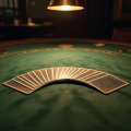 Playing cards fanned out on a green felt gaming table with warm overhead lighting